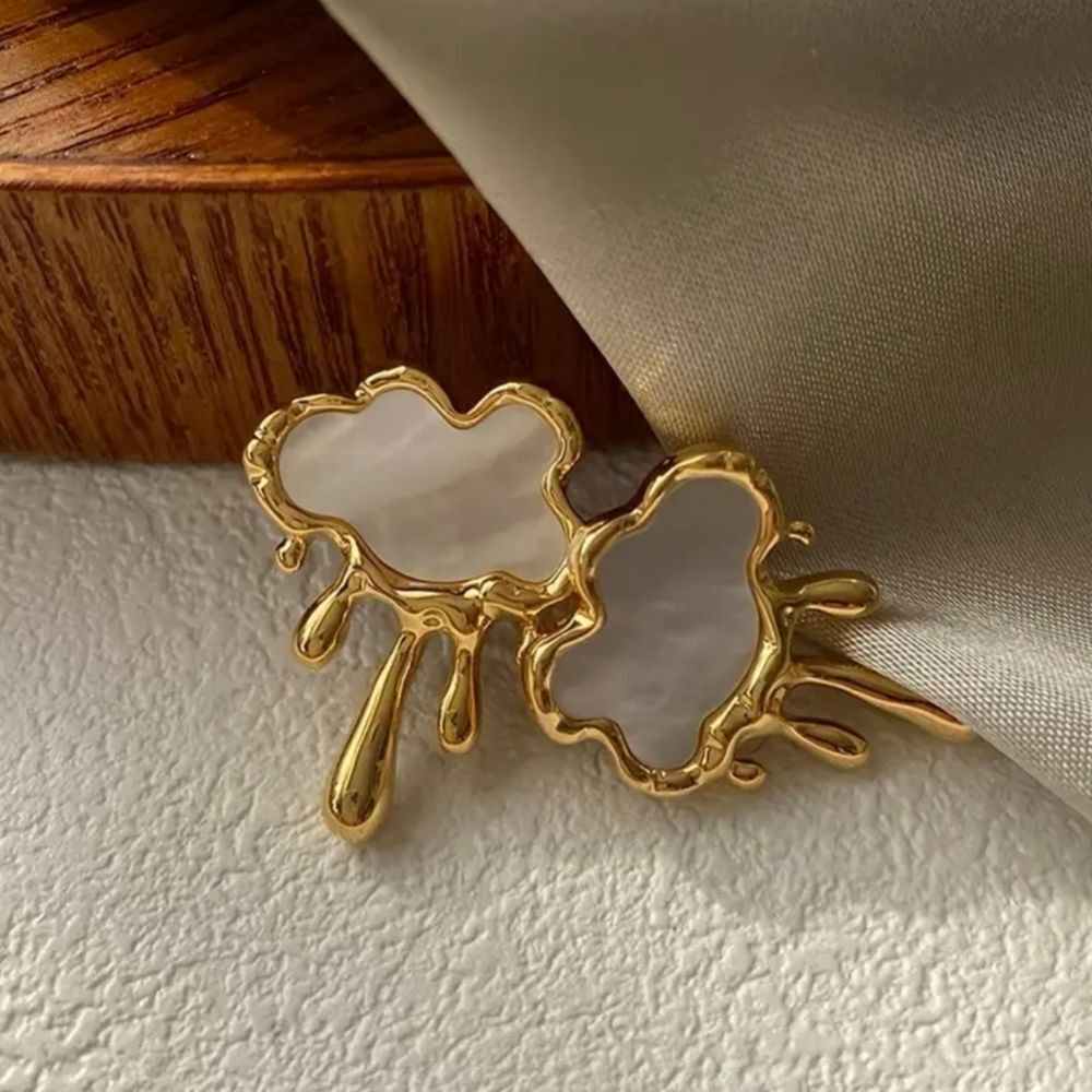 Gold Cloud Drop Earrings with White Inlay - Picture 4 of 5